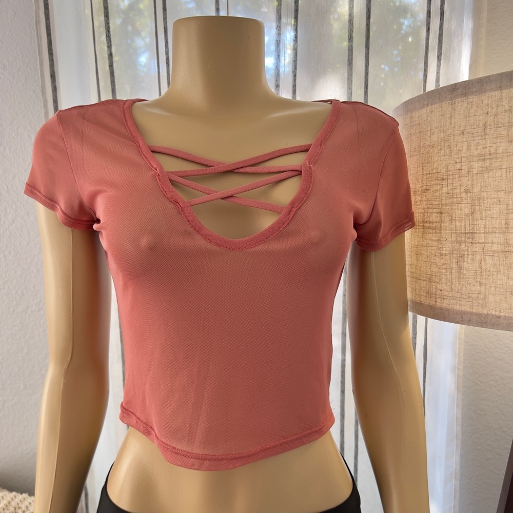 Persaya Juniors Mesh Short Sleeve Top Size S Small Blush Coral